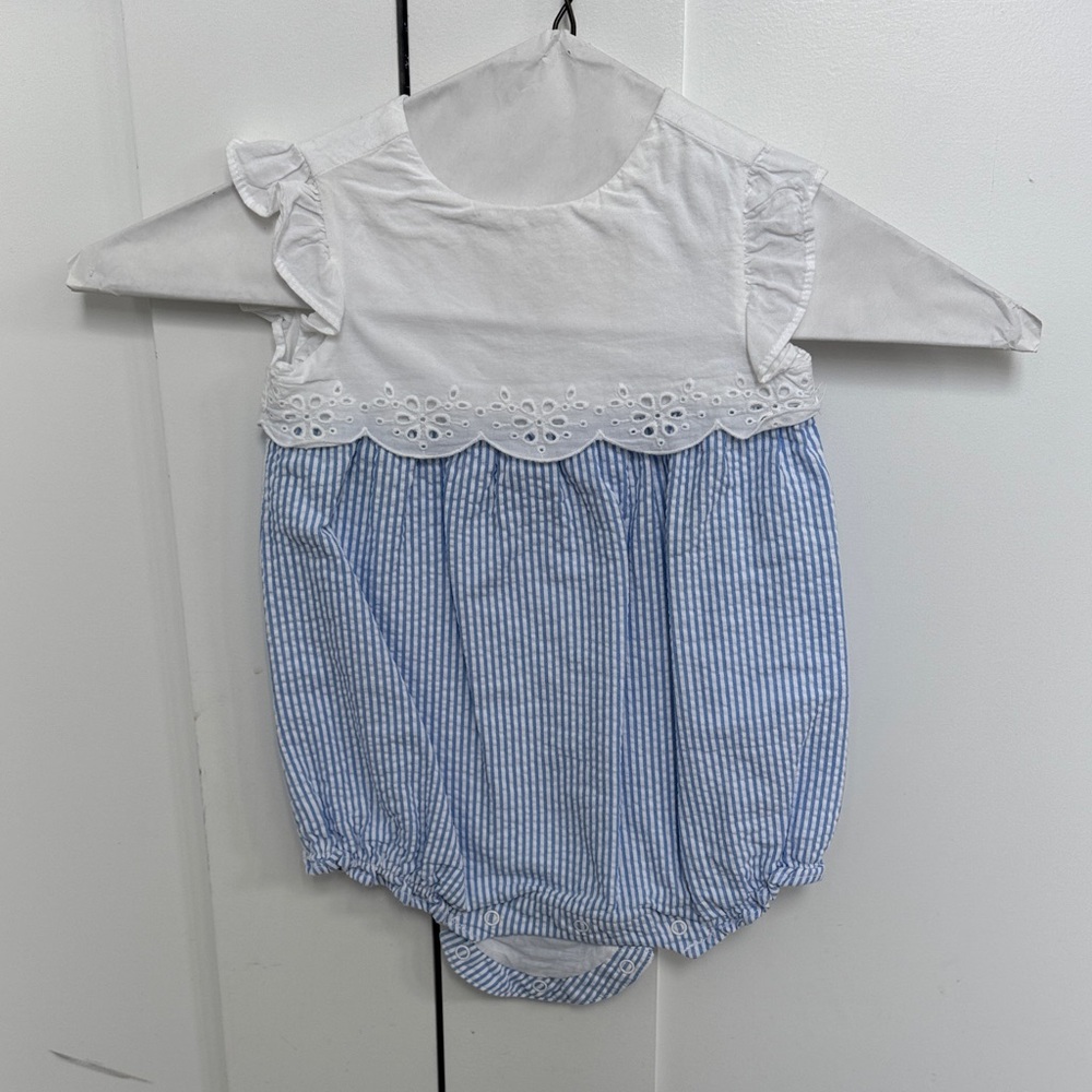 Janie and Jack Striped Romper in Blue and White